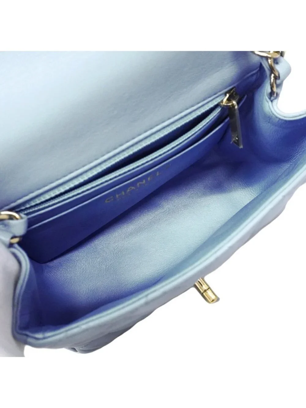 Chanel Shoulder Bag Mini Quilted Lambskin Light Blue Champagne Gold